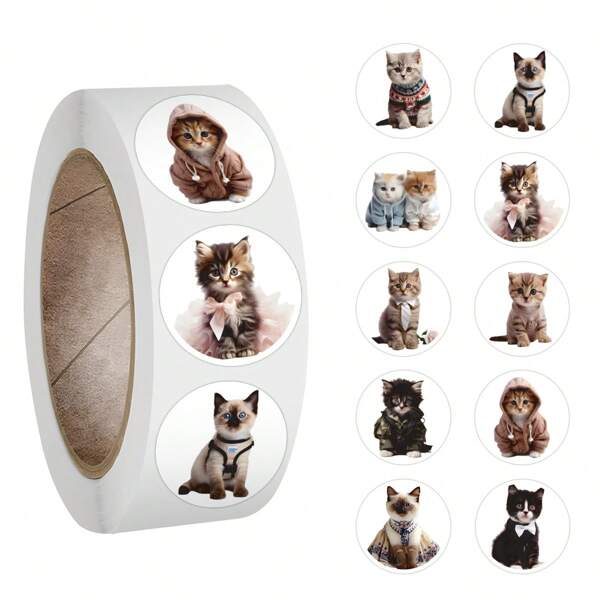 500PCS Cat In Clothes Stickers Roll Vinyl Stickers Scrapbook, Journaling, Laptop, Bumper, Skateboard, Water Bottles, Computer, Phone, Cartoon Anime