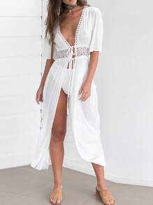 Women Bikini Cover Up, Solid Color Hollow Waist Short Sleeve Long Cover Up, Cardigan Straps Tie Loose Dress For Swimming Wears