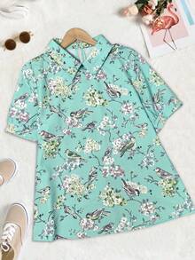 女士常规袖鸟花卉印花纽扣衬衫，无弹力涤纶面料，春夏款 - 彩色 - 查看 2