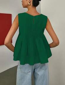 Womens Summer Pleated Peplum Sleeveless Blouse Tops Round Neck Y2K Babydoll Blouse Shirt - Darkgreen - View 3
