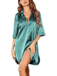 Women's Satin Nightshirt Button Down Sleepshirt Silk 3/4 Sleeve Nightgown Boyfriend Notch Collar Sleepwear S-3XL - Celadon Green - 查看 1