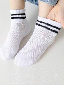 5双装儿童棉质条纹网眼透气短袜，吸汗运动袜，适合上学、春夏穿着 - 彩色 - 查看 2