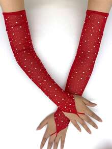 1 Paar 49 cm Damen Mesh sexy fingerlose Handschuhe mit Strass, dehnbare dünne glitzernde Modeschuhe für Musikfestival, Bühnenauftritte, Singles Party, Frühling/Sommer - Mesh heißer Diamant - Übersicht 1