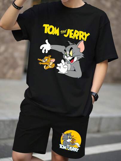 Warner Bros 2pcs/Set Men's Tom & Jerry Cartoon Print Casual T-Shirt And Shorts Set, Summer