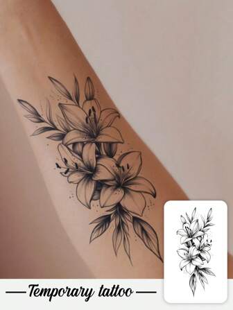 1pc Black Ink Elegant Line Art Realistic Lily Flower Temporary Tattoo, Suitable For Parties, Weddings And Special Events, Floral Inspired Design Tattoo Sticker