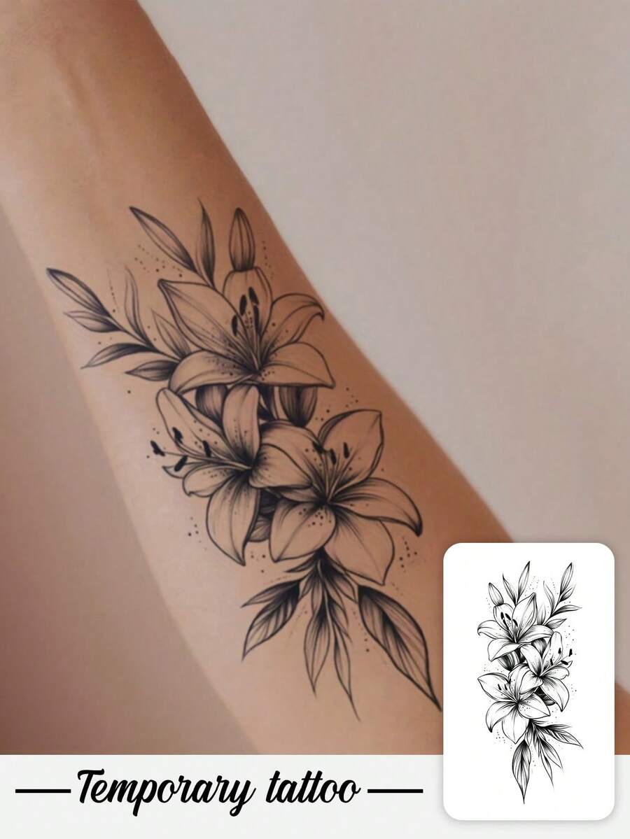 1张黑色墨水优雅线条艺术逼真百合花临时纹身贴纸,适用于派对、婚礼和特殊活动,花卉灵感设计纹身贴纸,素描风格 - 黑色 - 查看 1