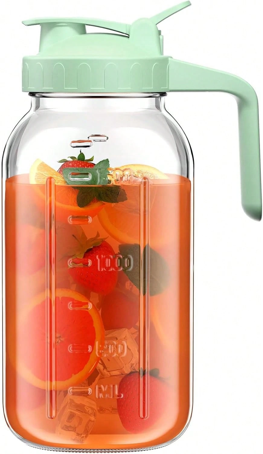 64 Oz Glass Pitcher With Lid, Large Wide Mouth Mason Jar With Pour Spout, Green Sun Tea Glass Jar For Outside, Drink Pitcher Great For Drink, Cold Beverages And Breast Milk - Army Green - View 1