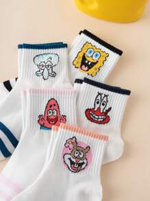 SPONGEBOB 5 Pairs Interesting Personalized Cartoon Cute Multicolor Jacquard Spongebob Series Stripe Pattern Kids Mid-Calf Socks, Sports Style, All Season, European&American Size, Comfortable Breathable , Rich Colors, Suitable For Daily Wear, Premium Fabric, Non-Stuffy