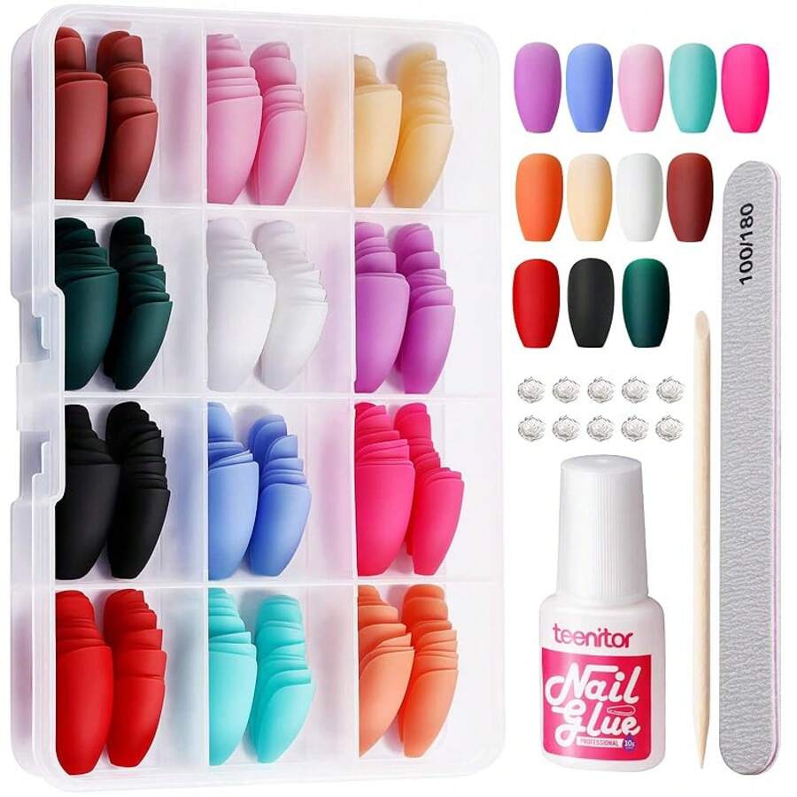 Teenitor Almond Press On Nails Medium Almond Glossy Press On Almond Nails, 288Pcs Almond Shape Press On Nails With Glue,12 Color Almond Glue On Nails
