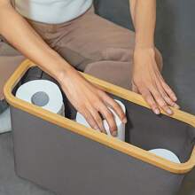 1 pieza Caja de pañuelos cubierta de bambú - Capacidad grande para 9 rollos, organizador de baño elegante con tabillas de madera, adecuado para baños modernos, cesta multiusos | Diseño de estética natural | Textura similar a tela, contenedor de almacenamiento de papel higiénico