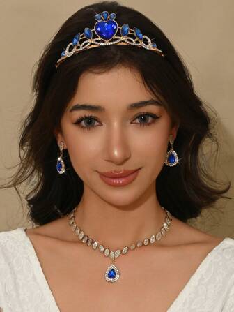 海军蓝水钻皇冠项链和耳环套装，奢华婚礼派对珠宝套装，新娘礼服配饰