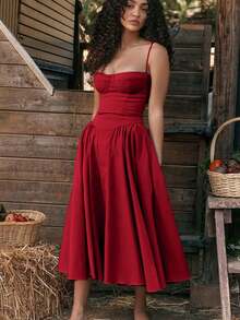 French Vintage Long Dresses A-Line Style With Halter, Elegant Spaghetti Straps Flowy Long Dress For Women, Suitable For Everyday - 紅色 - 查看 1