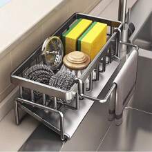 1 Estante multiusos para el fregadero, con soporte para esponja, estropajo y utensilios de cocina, almacenamiento de paños de lavado y bola de alambre de acero al carbono para el fregadero. Estante de acero al carbono mejorado para colgar en el fregadero y mantener limpio.