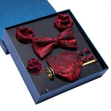 9 件套男士领带和蝴蝶结象牙色紫色青色蓝色佩斯利花纹领带手帕袖扣戒指夹套装婚礼派对礼物