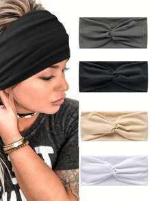 4 pezzi di fasce per capelli nere spesse lisce, stile turbante sportivo annodato, alla moda per donne, fasce per capelli, fascia per la testa, fascia antisudore