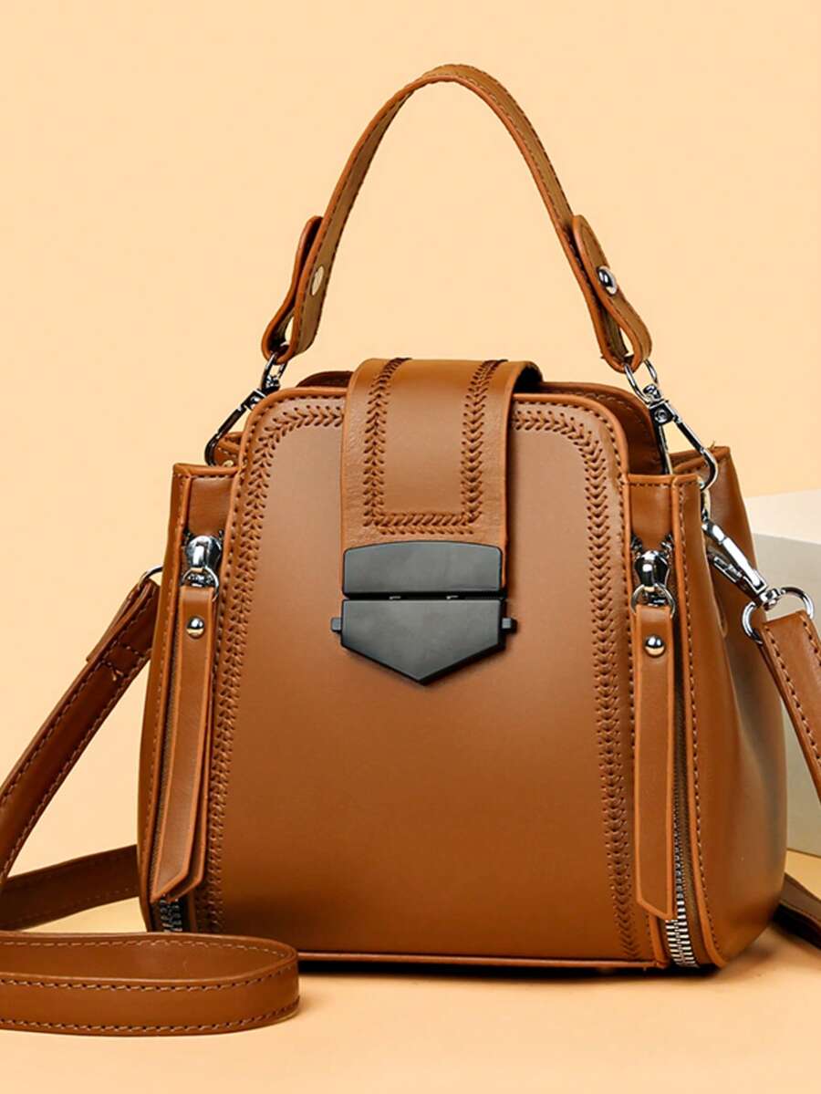 新款多用途复古经典迷你锁扣手提包防盗单肩包休闲单肩包女士简约休闲钱包 - 棕色 - 查看 1