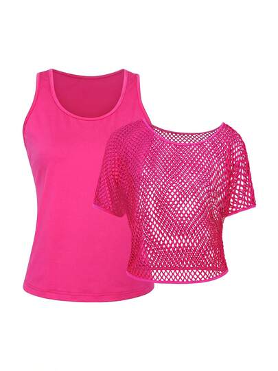 2pcs Women's Set: Neon Fuchsia Casual Fashionable Vacation Off-Shoulder Fishnet Cover-Up T-Shirt + Camisole, Spring/Summer