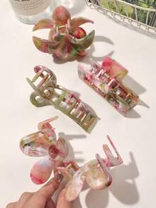 4件套波西米亚甜美粉绿渐变大理石纹理蝴蝶结鸡蛋花方形花朵发夹，沙滩配饰时尚发饰花朵爪夹休闲发爪秋冬度假装扮女士夏季 - 彩色 - 查看 5