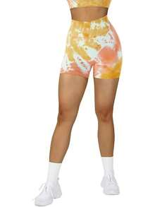 Seamless High Waisted Booty Shorts For Workout - 3" Yellow Tie Dye - View 2