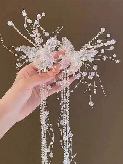 水晶蝴蝶流苏发夹，完美适用于新娘盘发、节日拍照或作为优雅的头饰。情人节配饰