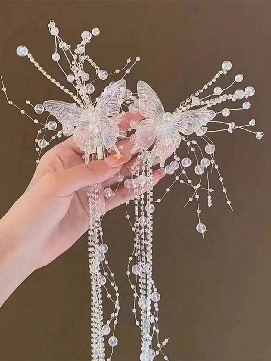 水晶蝴蝶流苏发夹，完美适用于新娘盘发、节日拍照或作为优雅的头饰。情人节配饰