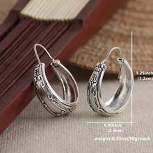 1 Pair Vintage Carved Pattern Earrings For Women, Bohemian Engraved Flower Dangle Earring Fashion Textured Design Jewelry Accessories - 復古銀色 - 查看 4