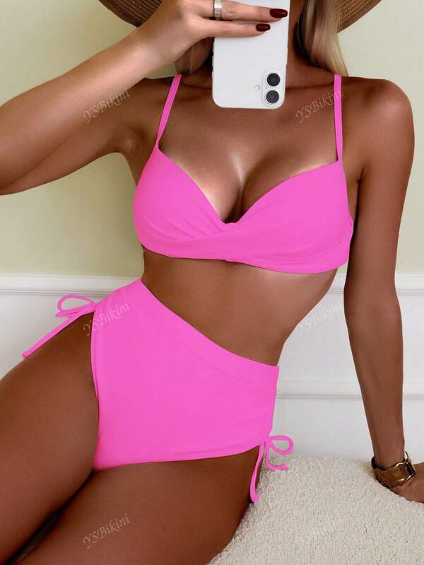 Women's Summer Beach Solid Color Criss-Cross Sexy Bikini Swimwear Set