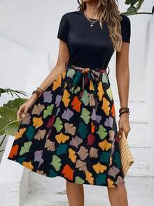 Floral Print Round Neck Dress, Elegant Short Sleeve Tie Dye Dress For Spring And Summer - Màu vàng - Xem 7