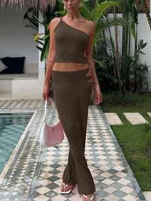 2-Piece Set: One-Shoulder Long Top & Front Slit Long Skirt, Fashion For Women, Suitable For Vacation, Party, Holiday & Work, Summer 2025 - Coffee Brown - View 2