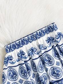 2pcs/Set Infant&Baby GirlBlue & White Porcelain Print Camisole Top & High Waist Mid-Length Skirt Outfit, Spring/Summer