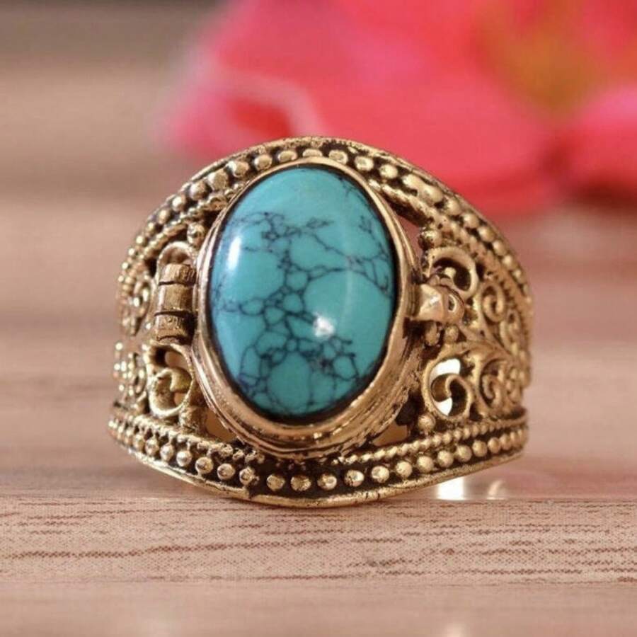 Stylish Vintage Turquoise Ring - A Perfect Men's Engagement Gift, Also Suitable For Everyday Wear - 金色 - 查看 1