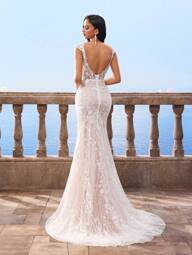 Abito da sposa elegante con scollo a V profondo, maniche a cappuccio, tutto bianco, con applicazioni in pizzo, schiena scoperta, stile sirena, per feste e cerimonie