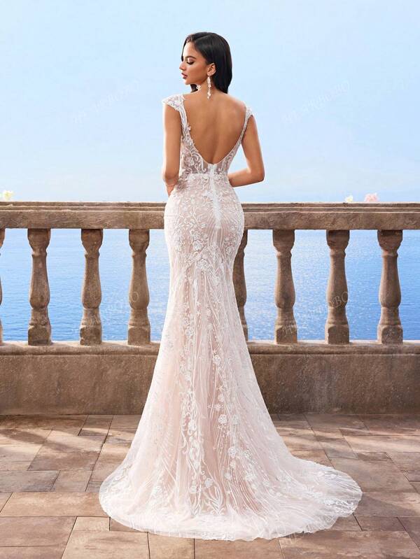 HEARBOBO Glamorous Cap-Sleeve Deep V-Neck All White Party Outfit Women Lace Applique Backless Engagement Mermaid Elegant Wedding Dress Bridal
