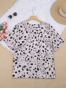 Plus 女士夏季现货印花圆领短袖 T 恤上衣 - 卡其色 - 查看 3