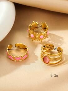 3pcs Stainless Steel Women's Stylish Set Of Gold, Pink & Gemstone Rings, Suitable For Daily Wear Or As A Gift