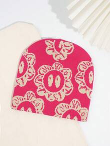 1pc Fashionable & Versatile Floral Knit Beanie Hat, Unisex Y2K Style Fall Outfit - Multicolor - View 13