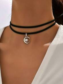 1pc Double Layer Moon Pendant Necklace, Fashion And Versatile Chain - Silver+Black - View 5