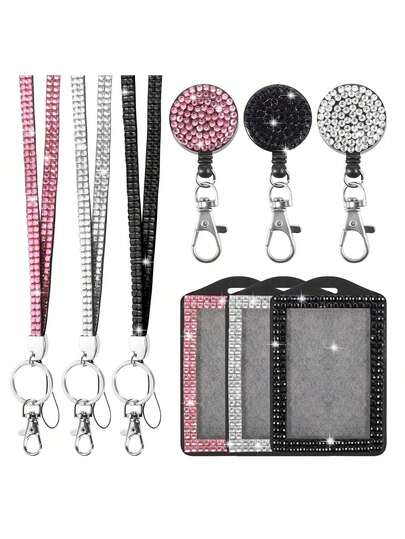 Fashion 3 In 1 Rhinestone Lanyard For ID Badges, Bling ID Card Holder Crystal Retractable Badge Reel Neck Lanyard With Metal Clasp And Key Ring For Student Kids Women Teacher(1PC) School Supplies, Back To School