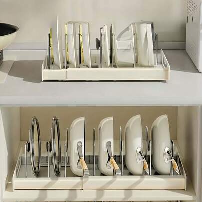 Expandable Sink Cabinet Pot Storage Rack With 7 Adjustable Compartments, Home Kitchen Utensil Storage Rack For Flat Bottomed Pans, Pot Lids, Baking Utensils, Suitable For Professional Kitchen Organization And Storage In Cafes, Restaurants, And Bars