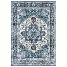 1 pieza Alfombra de área floral vintage azul, alfombra para sala de estar, alfombra para dormitorio, alfombra de oficina, de género neutro, bohemia, de granja, alfombra decorativa, decoración de dormitorio, alfombra pequeña, alfombra, decoración del hogar, alfombra para sala de estar, alfombra pequeña para sala de estar, alfombra para dormitorio, decoración del hogar para sala de estar, alfombra para exteriores, alfombra lavable