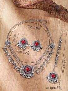 2024 New 4pcs/Set Exquisite Bohemian Style Women's Jewelry Set Including 1pc Silver Zinc Alloy Material Layered Chain Necklace With Faux Pearl Design, 1 Pair  Style Inlaid Red/White/Green Glass Rhinestone Earrings, 1pc Bollywood Style Head Chain. Suitable For Women's Daily Wear Or As Gift For Christmas And Other Occasions.
