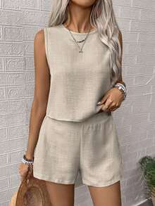 Conjunto mujer de 2 piezas: top sin mangas con cuello redondo y espalda descubierta + short mujer casual de moda - Caqui - Ver 1