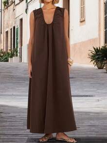 Women's Summer Long Tank Dress Solid Color Sleeveless Scoop Neck Ruched Wide Shoulder Loose Dress - 棕色 - 查看 5