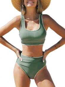 Women's Bikini Sets Two Piece Swimsuit Scoop Neck Tank Wide Straps Midkini Stitching - Green - View 8