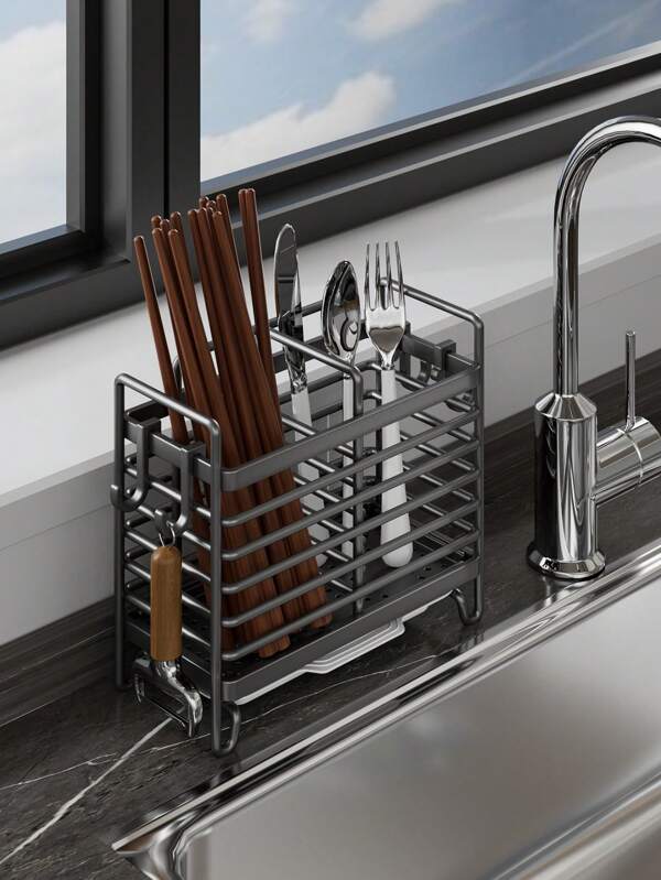 1 Pc 2/3 Grid Stainless Steel Chopstick Holder, Cutlery Drain Rack, Cutlery Storage Rack, Home Storage Organizer For Home, Dormitory With Drain Tray, Kitchen Accessories