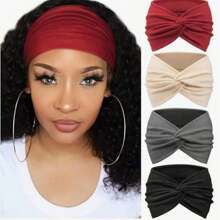 4 pezzi di fasce per capelli nere spesse lisce, stile turbante sportivo annodato, alla moda per donne, fasce per capelli, fascia per la testa, fascia antisudore
