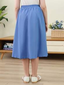 Girls A-Line Elastic High Waist Pleated Swing Maxi Skirt With Pockets For 4-14T - Blue - View 2