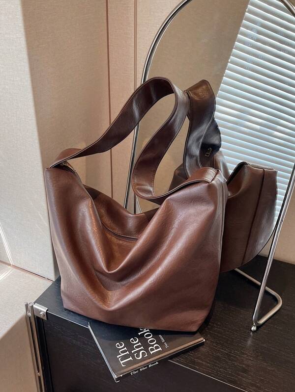 1 pièce Sac fourre-tout casual en PU marron pour femmes, style vintage décontracté, grande capacité, convient pour le shopping quotidien, les trajets pendulaires, les cadeaux