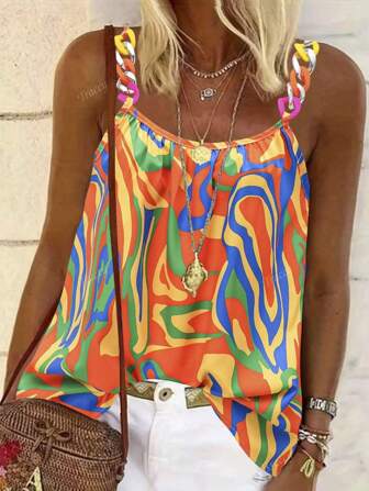 Plus Size Women's Fully Allover Print Neon Plastic Buckle Patchwork Camisole