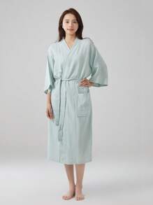 1 pieza Bata de mujer de gasa de unicolor con cuello recto, bata larga, ropa de dormir, informal, suave, absorbente, para baño, dormitorio, piscina, hotel, spa, uso personal, regalo